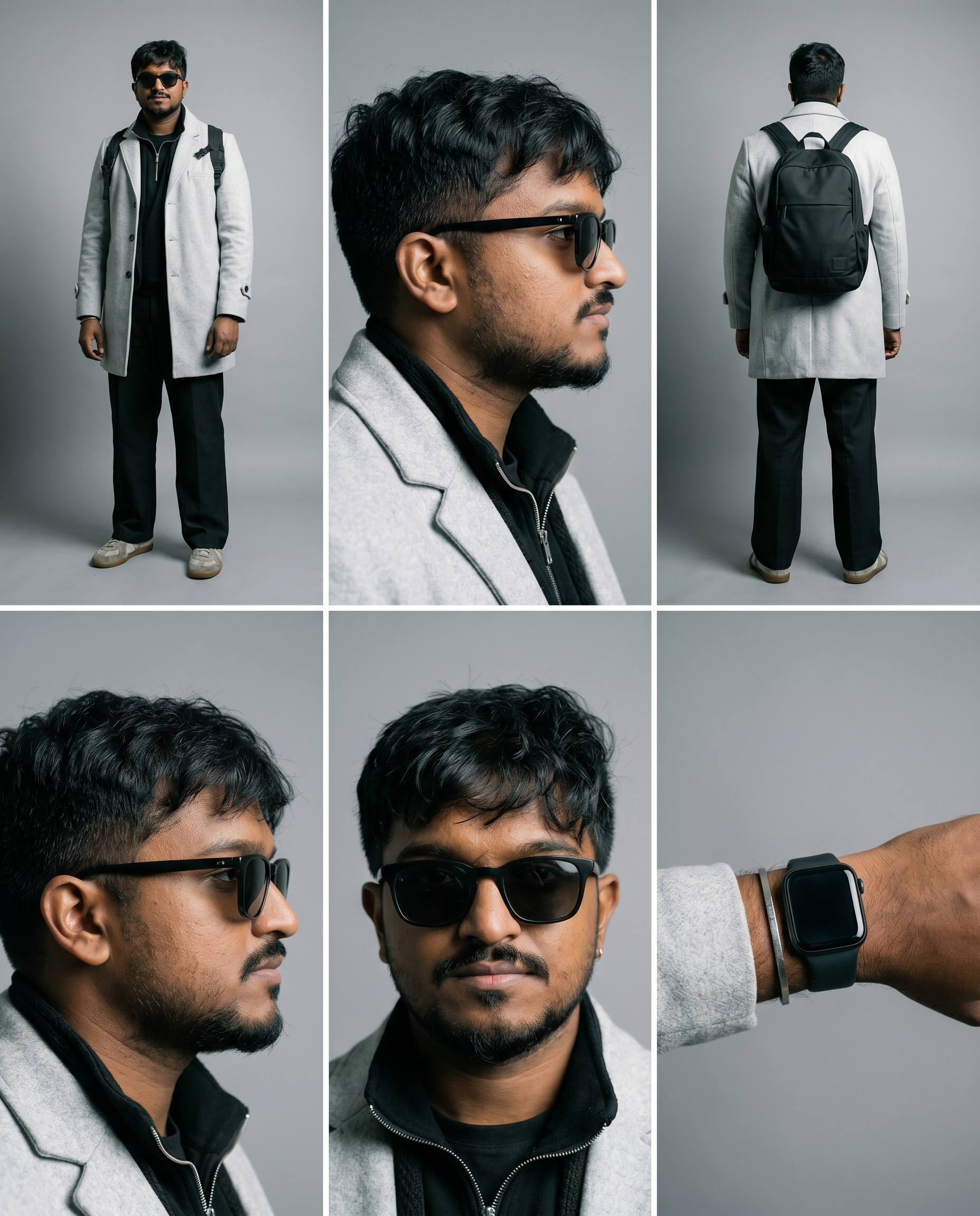 AI-generated six-panel character sheet of a bearded man in sunglasses and a light-grey coat over black on a grey studio backdrop — front, profile and back (with a backpack) full-body views, two face close-ups, and a wrist wearing a smartwatch.