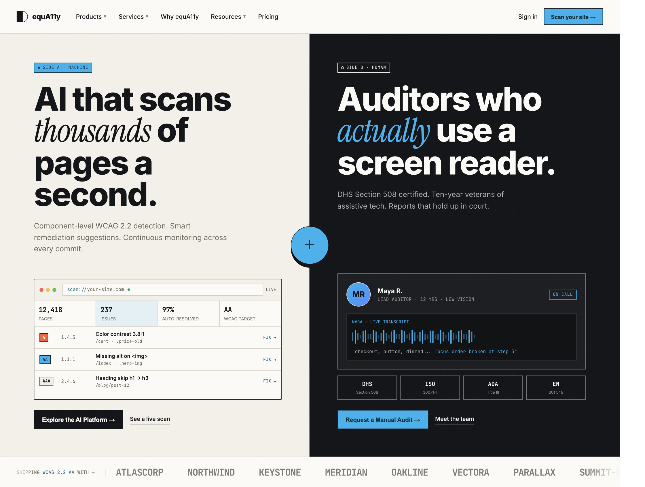 Landing-page design for the Equa11y accessibility platform — a split hero contrasting 'AI that scans thousands of pages a second' (with a live WCAG scan-results table) against 'Auditors who actually use a screen reader' (a human auditor profile), above a row of client logos.