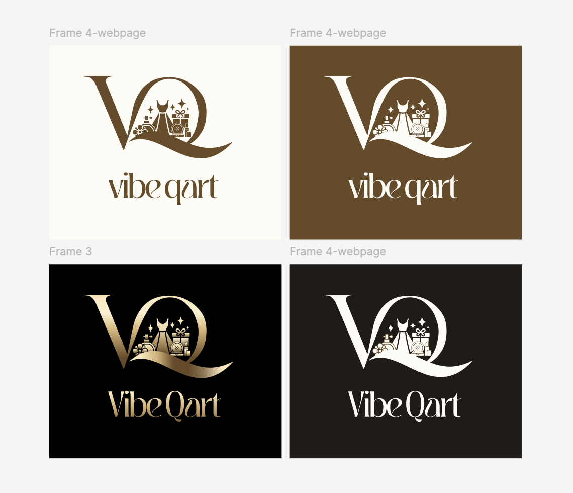 Logo design for 'Vibe Qart' — a serif 'VQ' monogram enclosing a tiny dress, gift boxes, perfume and flowers, shown in four colourways (gold on cream, cream on brown, gold on black, cream on charcoal) above the wordmark.