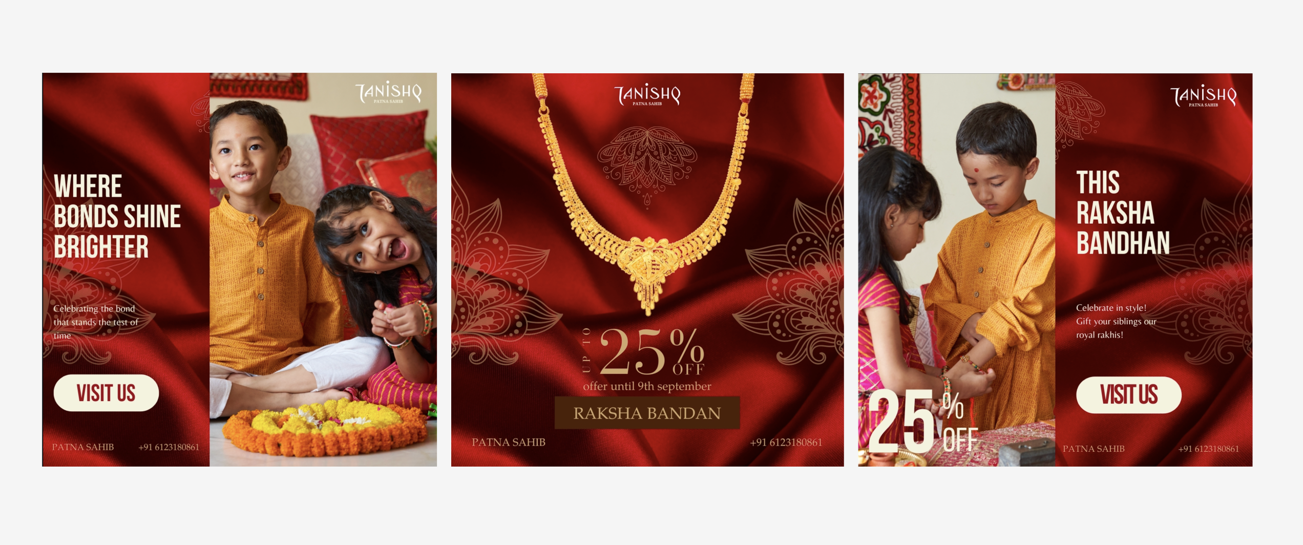 Three Tanishq Raksha Bandhan social-media posts in red and gold — 'Where bonds shine brighter' and 'This Raksha Bandhan' showing children celebrating, alongside a gold necklace with a '25% off' offer.